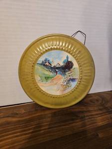 lot 42 image: Decorative Brass Wall Plate with Rural Scene Transfer
