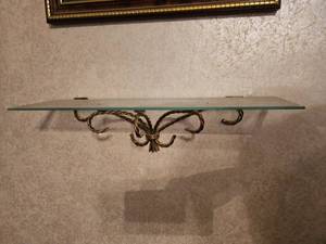 lot 57 image: Glass Floating Shelf with Ornate Metal Brackets