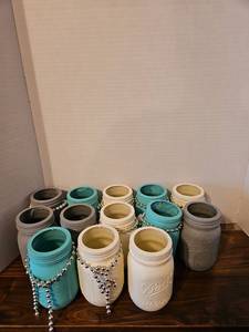 lot 106 image: Painted Mason Jar Candle Holders with Beaded Decorations Set of 13