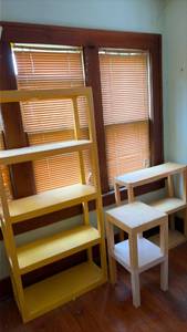 lot 1007 image: 3 Yellow Plastic Shelving Unit