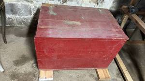 lot 2007 image: Red Painted Wooden Storage Chest with Hinged Lid