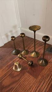 lot 3034 image: Brass Candle Holders Set of 5 with Brass Bell.
