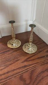 lot 3042 image: Pair of Brass Candlesticks with Ornate Scrollwork Design