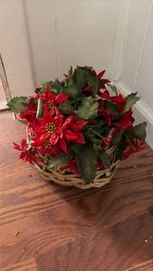 lot 3050 image: Artificial Poinsettia Flowers in Wicker Basket