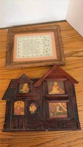 lot 3100 image: Wooden House-Shaped Multi-Photo Frame and Calligraphy Print Set