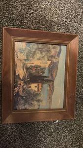 lot 3116 image: Framed Landscape Oil Painting with Buildings and Water Scene