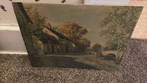lot 3118 image: Rural Landscape Oil Painting with Cottage and Bridge