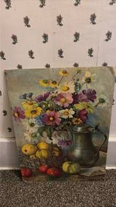 lot 3119 image: Floral Still Life Oil Painting with Fruit Basket