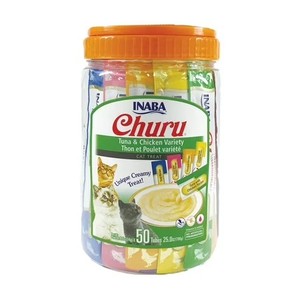 lot 1004 image: INABA Churu Creamy, Lickable Pur e Cat Treat w Taurine, 0.5 oz, 50 Tubes, Tuna & Chicken Variety