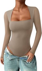 lot 1022 image: PINKMSTYLE Womens Square Neck Mesh Long Sleeve Bodysuit Going Out Tops Date Night Outfit 2025