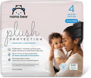 lot 1050 image: Amazon Brand - Mama Bear Plush Protection Disposable Baby Diapers, Hypoallergenic, Fragrance-Free, Leak Protection, Size 4, 36 Count, White and Cloud Dreams