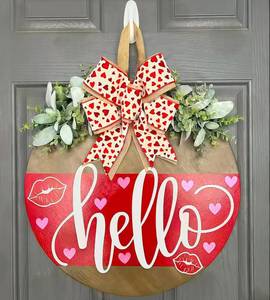 lot 1064 image: Valentines Day Wreaths for Front Door Hello Valentine Hanger Sign Outside Rustic Holiday Farmhouse Wooden Door Decoration Hanging with Bows Outdoor (Red)