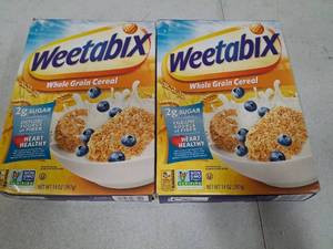lot 1095 image: Weetabix Biscuits Whole Grain Cereal, Good Source of Fiber, Low in Fat, Heart Healthy, Vegan, Breakfast or Snack, 14 oz TWO BOXES