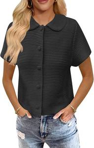 lot 1097 image: Saodimallsu Womens Short Sleeve Cropped Cardigans Casual Summer Button Down Collared Lightweight Loose Knit Sweater Top, Medium