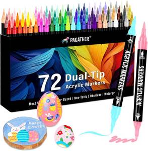 lot 1106 image: Pagather 72 Colors Acrylic Paint Markers, Dual Tip with Fine Tip and Brush Tip Pens for Stone, Wood, Calligraphy, Canvas, Ceramic, Metal, Glass, Rock Painting, DIY Crafts