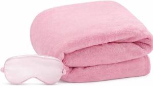 lot 1110 image: Travel Blanket, Airplane Blanket, Ultra-Soft, Warm & Lightweight, 65x40 in, Outdoor Blanket Essentials for Women, Men & Kids, Included Eye Mask, Luggage Sleeve & Backpack Clip Pink