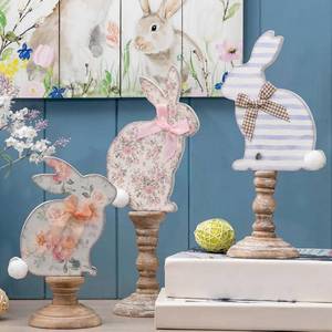 lot 1113 image: Threehoney 3 Pcs Easter Bunny Wooden Signs Bunny Table Decor 7.87 Vintage Floral Rabbits with Bow and Fluffy Tail Cute Rabbit Shaped Tabletop Centerpieces for Spring Easter Home Tiered Tray Decor