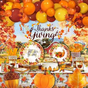 lot 1125 image: Party Spot Thanksgiving Party Decorations Kit, 24 Sets of Disposable Dinnerware, Balloons Tablecloth Backdrop Balloon Garland kit Maple leaf Paper Plates , Thanksgiving Decorations indoor