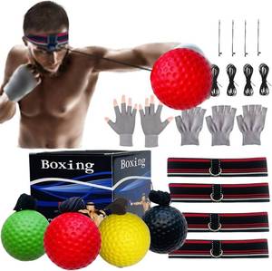 lot 1159 image: Reflex Balls Boxing Headband Set for MMA Boxing Kickboxing Training Reaction Ball Kit Includes 4 Different Levels Balls4 Elastic Headbands4 Spare Lines4 Gloves for All People