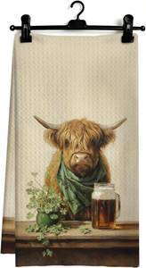 lot 1171 image: St. Patricks Day Highland Cow Kitchen Dish Towels, Gifts for Cow Lovers, Vintage Irish Lucky Shamrock Highland Cattle Hand Tea Towels for Kitchen Bar Pub Lounge Decor, 16x24 Inch
