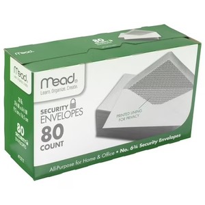 lot 1188 image: Mead #6 34 Security Envelopes, 3 58 x 6 12, White, 80 Count (75212)