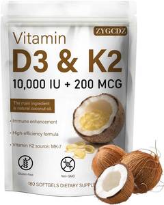 lot 1197 image: Vitamin D3 10,000 IU with K2 MK-7 200 mcg, 180 Softgels - Virgin Coconut Oil Enhanced, Non-GMO, Gluten & Soy Free (1)