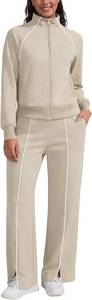 lot 1203 image: Womens 2 Piece Outfits 2026 Casual Zip Up Sweatsuits Lounge Set Airport Travel Wide Leg Pants Striped Tracksuit Size Large