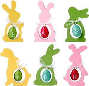 lot 1251 image: FESTGLOX 6PcsEaster Wooden Bunny Decor, 6Pcs Pastel Rabbit Figurines with Letter Eggs for Easter Decorations, Table Mantle, Rustic Spring Home Decor, Party Supplies