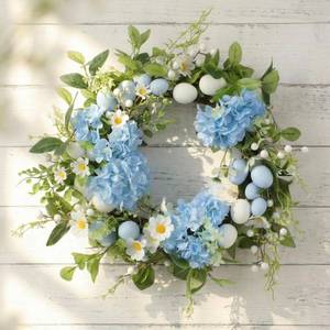lot 1271 image: Suncalla 16 Inch Easter Eggs Wreaths for Front Door Hydrangea Easter Wreaths Artificial Blue White Floral Spring Summer Wreath for Front Door Indoor Outdoor Home Porch Wall Window Festival Decoration
