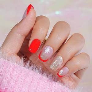 lot 1273 image: Red Press On Nails Short - Jofay Fashion French Tip Press On Nails, Acrylic Fake Nails with Snowflakes and Gold Glitter, Reusable False Nails Glue On Nails for Women, Stick On Nails Kit 32Pcs