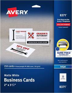 lot 1281 image: Avery Printable Business Cards with Sure Feed Technology, 2 x 3.5, White, 250 Blank Business Cards, Inkjet Printer Paper (08371)