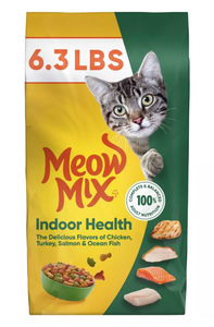 lot 1003 image: Meow Mix Indoor Health with Flavors of Chicken, Turkey ,Ocean Fish & Salmon Adult Complete & Balanced Dry Cat Food - 6.3lbs