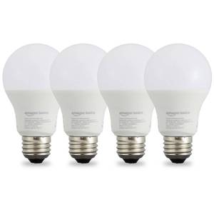 lot 1027 image: Amazon Basics Smart A19 LED Light Bulb, Soft White, 9W (60W Equivalent), 800LM, Works with Alexa Only, 2.4 GHz Wi-Fi, No Hub Required, Energy Saving, 4-Pack