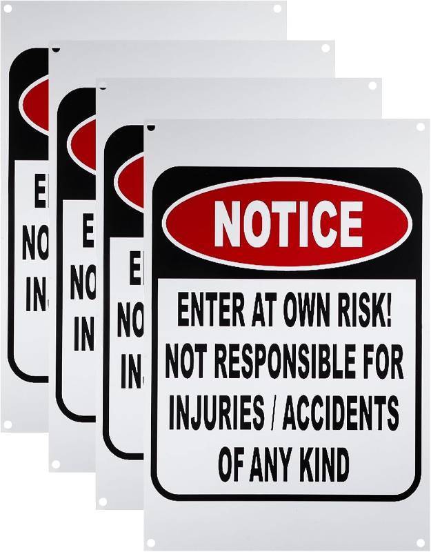 lot 12678 image: 4 Pcs Enter at Your Own Risk Warning Sign, Not Responsible for Accidents or Injuries Sign, 12 x 8 Aluminum Alloy Safety Security Risk Caution, Weatherproof Indoor & Outdoor Decor