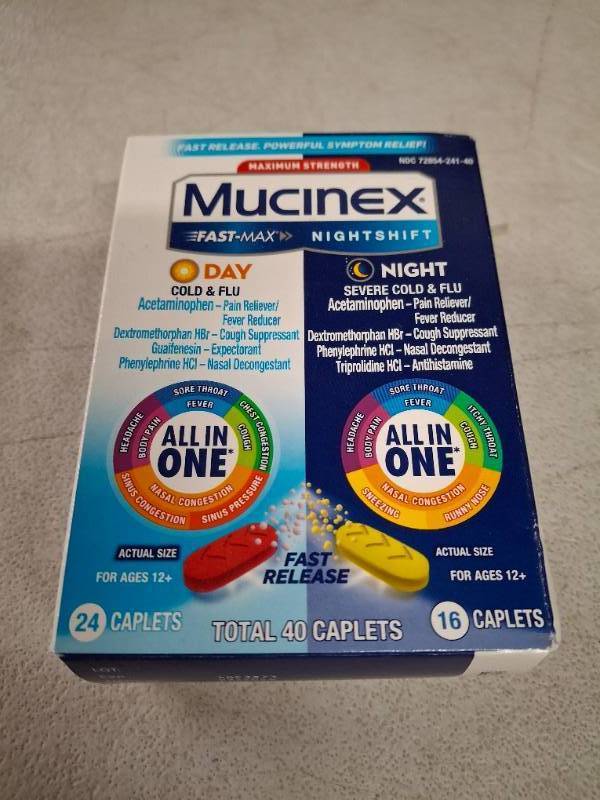 lot 12721 image: Mucinex Fast-Max Cold and Flu & Nightshift Severe Cold and Flu Caplets Combo Pack, 40 CT