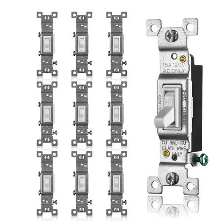 lot 12723 image: Faith White Toggle Light Switch, Single Pole Standard Wall Switch, 15 Amp Switch Toggle, Grounding Screw, 120V, 10 Pack