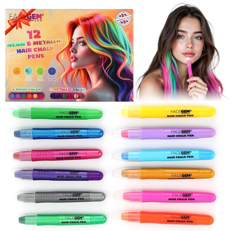 lot 30030 image: 12 Hair chalks, 12 NEON & METALLIC hair chalk, Non-Toxic Easy Washable Hair Dye Colourful, METALLIC & NEON hair chalk - Perfect for Festivals, Halloween, Parties, hair chalks for girls