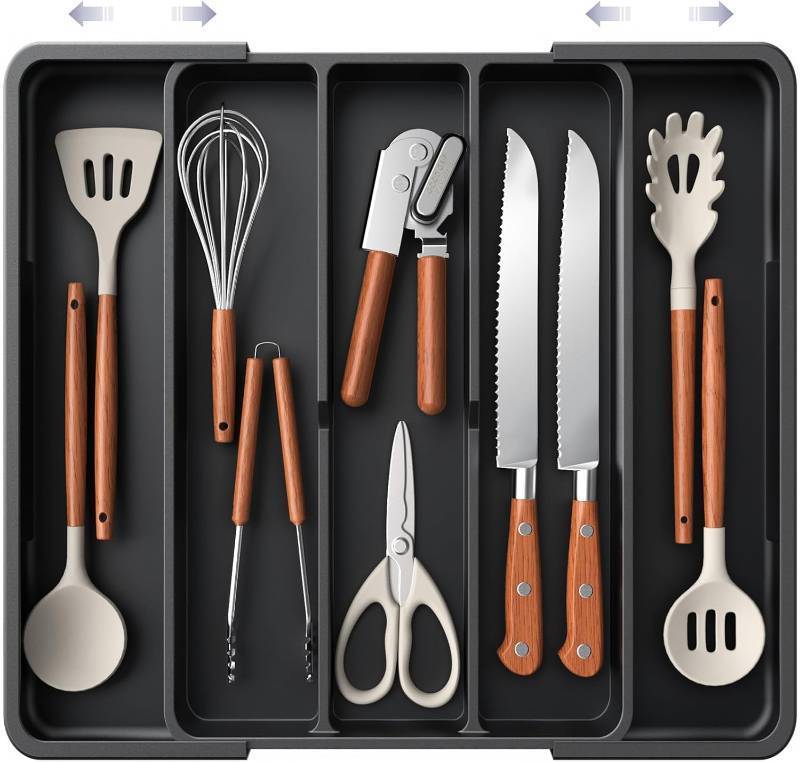 lot 30063 image: Aujen Silverware Organizer - Expandable Kitchen Drawer Organizer, Adjustable Utensil Organizer, Cutlery Tray for Forks, Knives, Multipurpose Kitchen Organizers and Storage Solution, Black, X-Large