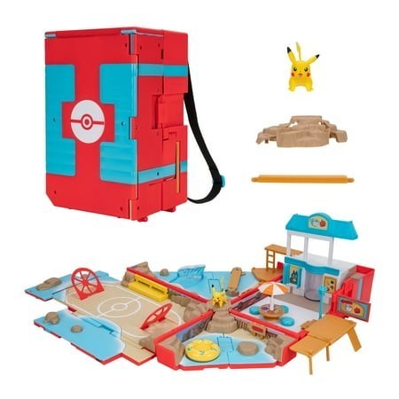 lot 11515 image: Pok mon Carry Case Beach Battle Playset - Portable Transforming Backpack Playset with 2-inch Pikachu Battle Figure