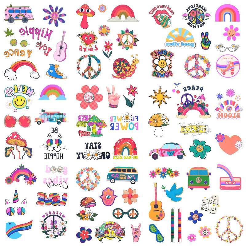 lot 30139 image: 158 Pcs Hippie Temporary Tattoos, Face Tattoos Stickers Love and Peace Rainbow Temporary Tattoos Hippie Tattoos for Kids Women Man Adult Hippie Costume Accessories Party Decorations