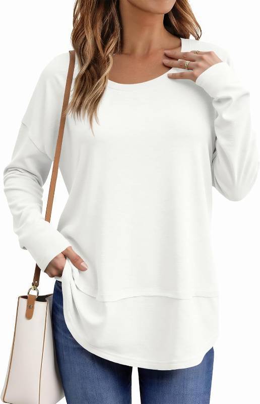lot 30157 image: Tankaneo Womens Oversized Scoop Neck Long Sleeve Shirts Casual Loose Fit Tunic Tops Fall Basic Tees SIZE M, COLOR PINK