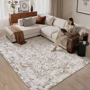5x7 Fluffy Area Rug Brown Shag Neutral Throw Carpet for Living Room Soft Medium Pile Floral Throw Rug for Bedroom Dorm Office Dining Room Kitchen Modern Decor