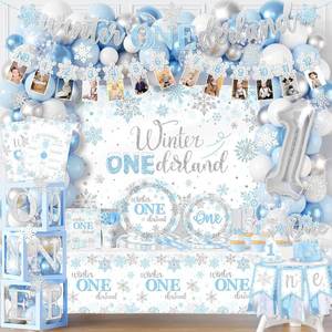 lot 529 image: Winter Onederland 1st Birthday for Boy,Snowflake Party Decoration Include Plate,Napkin,Tablecloth,Banner,Balloon Arch First Birthday Decorations for Winter Onederland Snowflake Baby Boy Blue