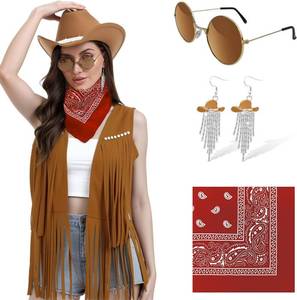 lot 540 image: FunMular Cowgirl Outfit for Women Western Outfit Costume Accessories Cowboy Hat Fringe Vest Earring Bandana for Halloween SIZE M