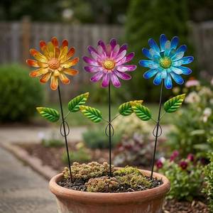 lot 549 image: Metal Garden Stakes Outdoor Decor, 3 Pack Waterproof Floral Plant Stakes for Lawn, Patio, Yard - Durable Iron Flower Decorations for Garden, Landscape