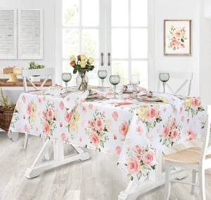lot 1301 image: Newbridge Spring and Easter Marie Yellow and Pink Rose Petal Floral Rectangle 60 x 84 Inch Fabric Tablecloth, Stain and Wrinkle Resistant Tablecloth for Holiday Indoor and Outdoor Dining