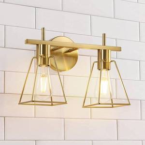 lot 1307 image: Industrial Bathroom Vanity Lights 2-Lights Brush Gold Vintage Metal Cage Wall Sconces - Rustic Farmhouse Lightning Fixture Over Mirrors Cabinet for Dressing Hallway
