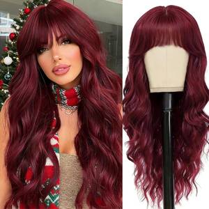 lot 1312 image: Long Burgundy Wig with Bangs Wine Red Wavy Wigs for Women 26 Inch Layered Dark Red Wig Synthetic Long Curly Wigs Highlight Natural Looking Hair Replacement Wigs for Daily Party Costume Use