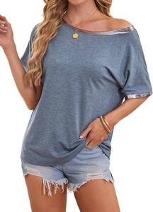 lot 1327 image: LilyCoco Womens Off The Shoulder Tops Summer Casual Plain Sexy Short Sleeve T Shirt Blue Large SIZE L