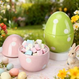 lot 1342 image: 2 Pcs Easter Decorations Easter Egg Candy Jars with Airtight Lids Ceramic Cookie Jars Decorative Candy Dish Food Storage Canister Egg Decorations for Spring Kitchen Home Table Gift Basket Stuffers